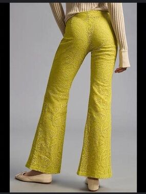 Anthropologie Chartreuse Lace Flare Pants